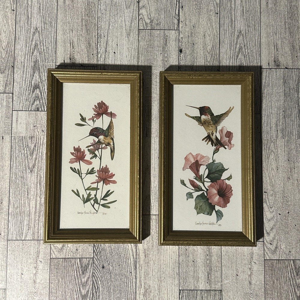 Vtg 1992-95 Hummingbird Picture Carolyn Shores Wright Gold Tone Framed Set Of 2